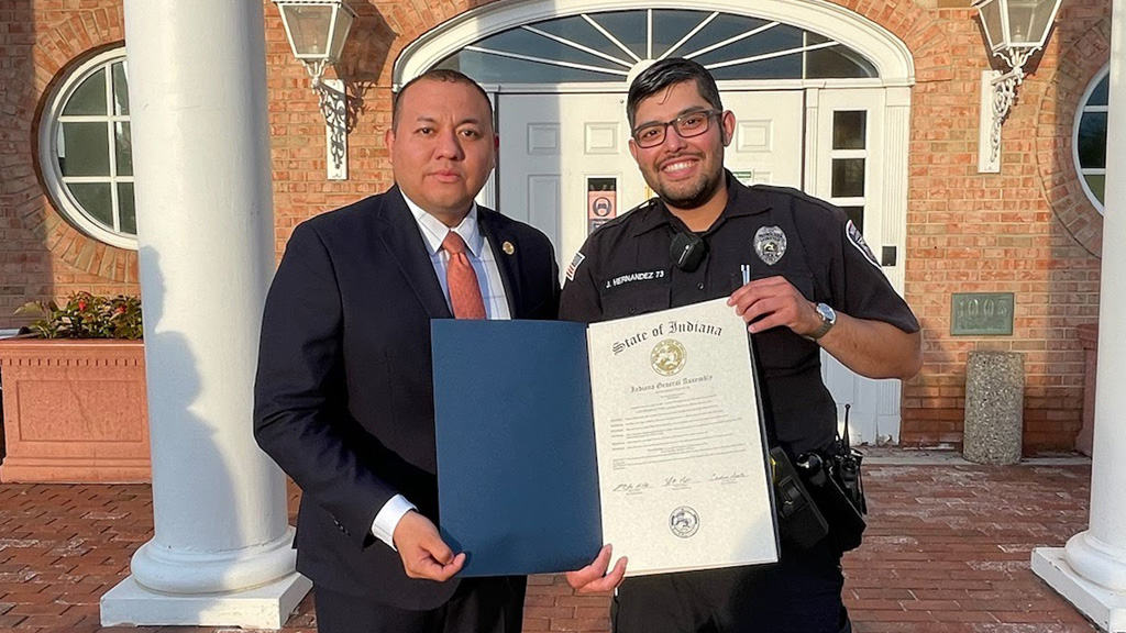 Mike Andrade honored Munster Police Officer Jonathan Hernandez with House Resolution 36 for being named 2019 Officer of the Year