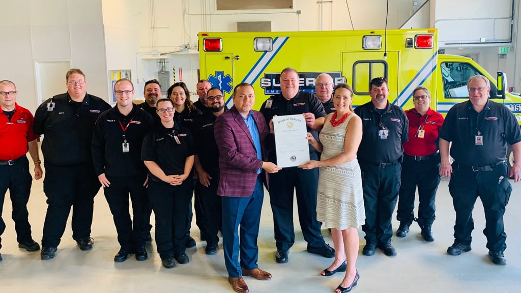 Mike Andrade honored Superior Ambulance, headquartered in Highland, with House Resolution 50 for their emergency medical services to NWI